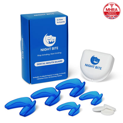 Night Bite MHRA registered mouth guard for teeth grinding — 5 guards, retainer case and 18 cleaning tablets